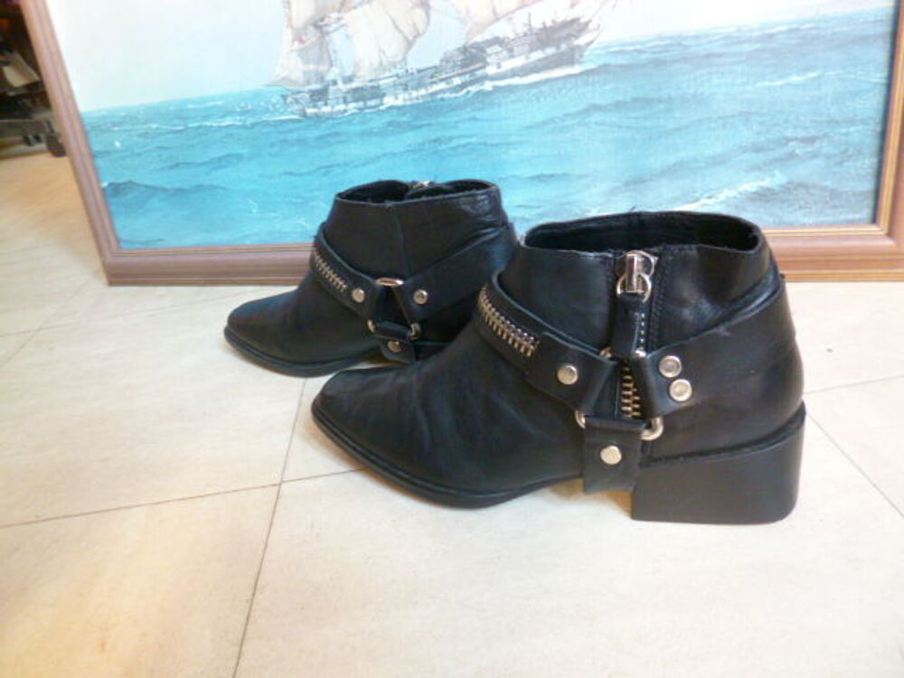 - - BOTTINES noires - cuir - brides - 38 Chaussures