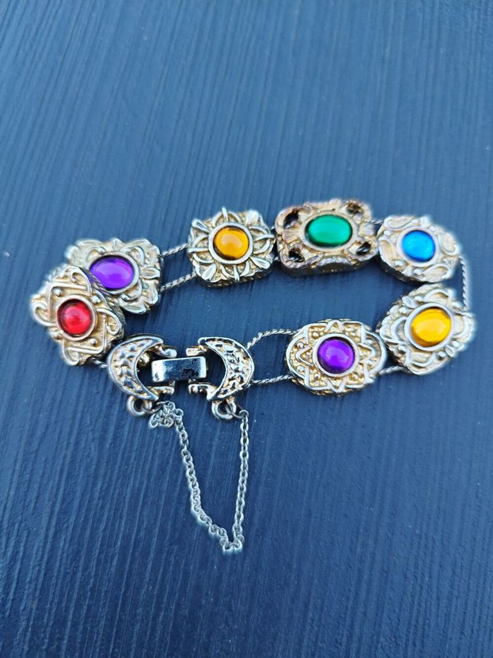 BRACELET Vintage M&eacute;tal argent&eacute;, cabochons diff&eacute;rentes couleu Bijoux et montres