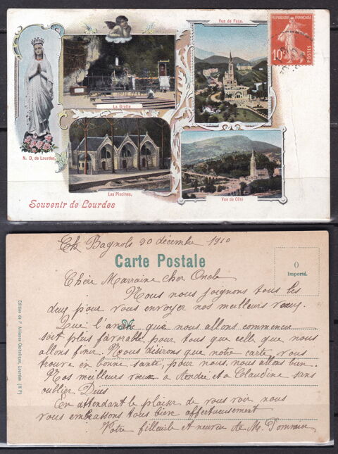 Timbres-CPA-carte postale- LOURDES (65) Souvenirs de Lourdes 2 Lyon 5 (69)