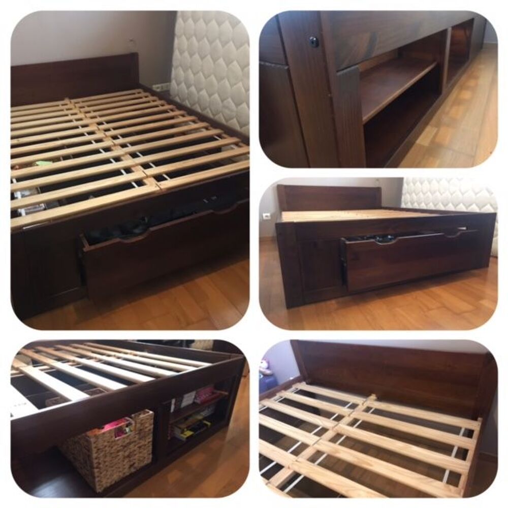 Lit bois marron 140x200 + sommier &agrave; lattes + petite commode Meubles