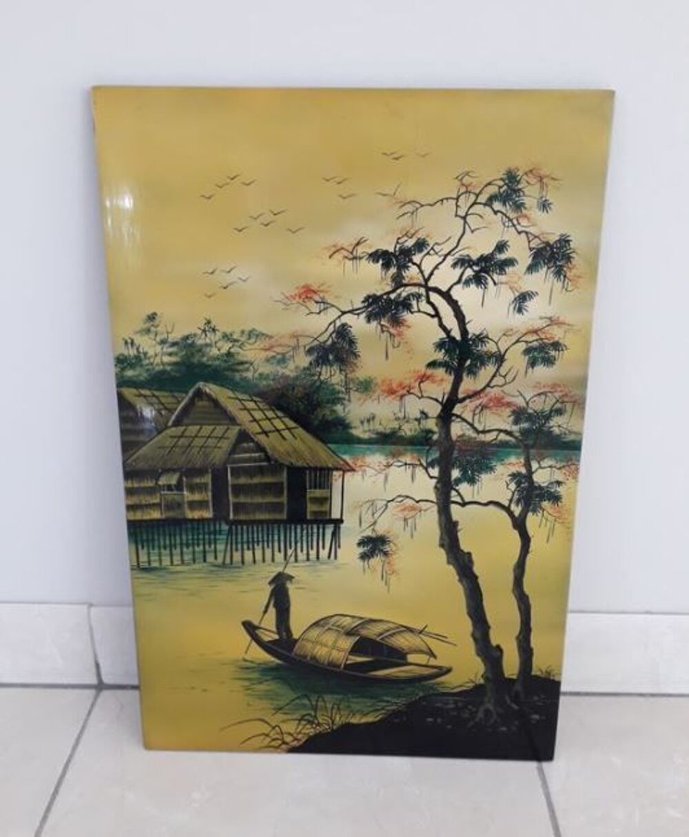 Grand tableau asiatique en bois laqu&eacute; Décoration