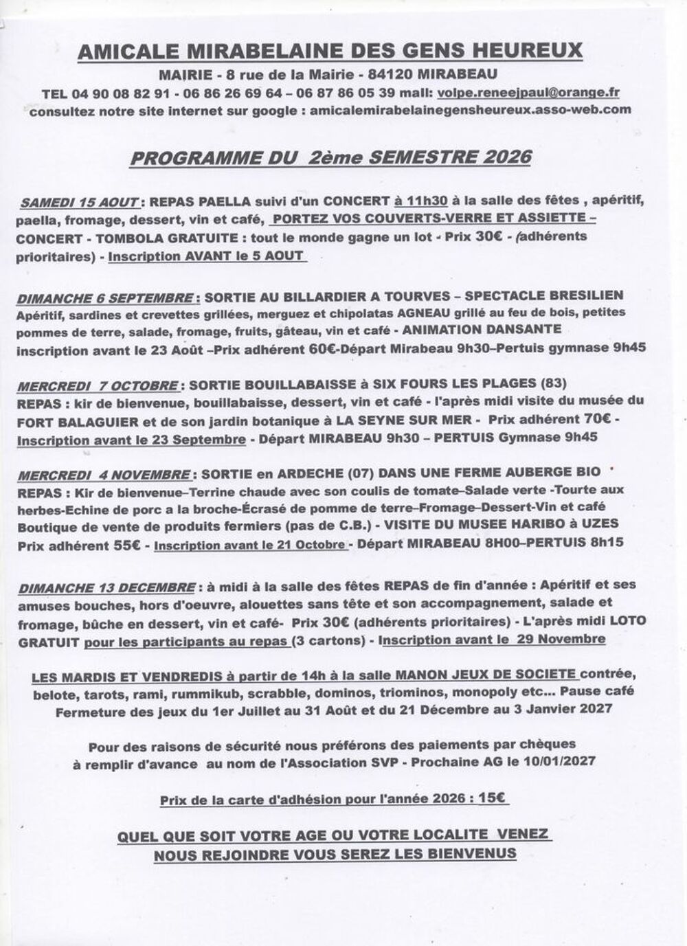   PROGRAMME DE NOTRE ASSOCIATION 2ème SEMESTRE 2026 