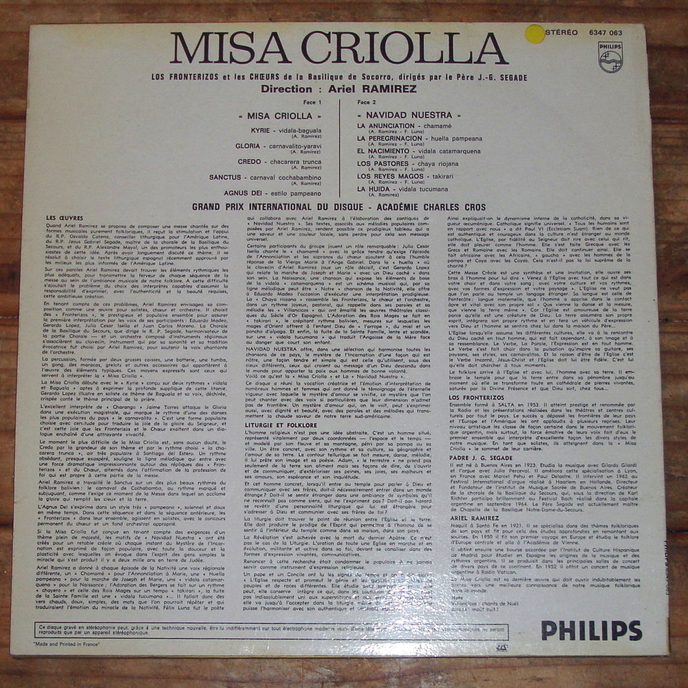 MISA CRIOLLA -33t- CHANTS D'INSPIRATION FOLKL. ARGENTINE CD et vinyles