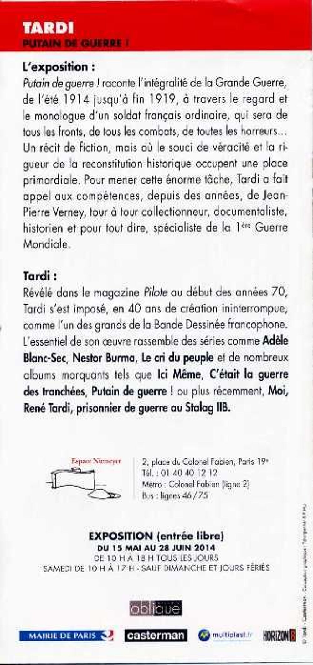 Flyer Jacques TARDI : Putain de guerre - Exposition 2014 Livres et BD