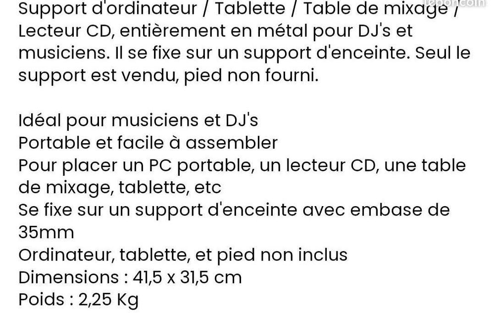 Support de PC Portable/ Tablette pour r&eacute;gie DJ Audio et hifi