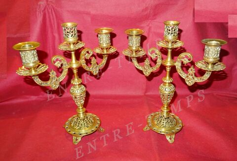 PAIRE TR�S BEAUX CHANDELIERS CISEL�S 3 FEUX LAITON BRONZE #2 290 Sergines (89)