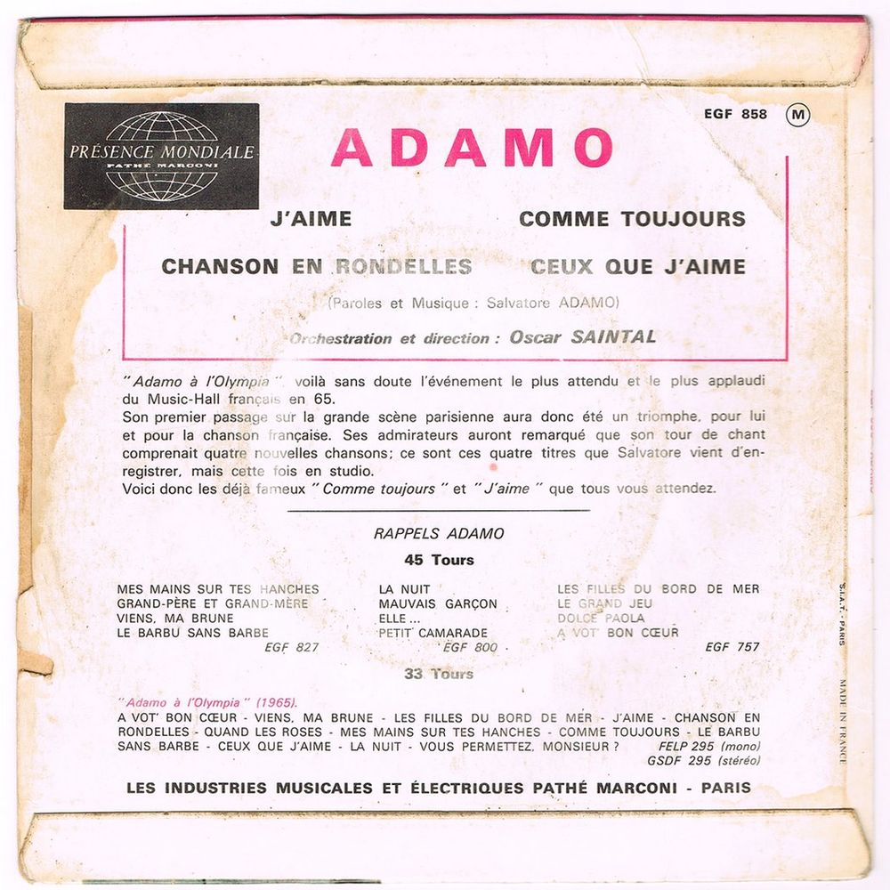 ADAMO - 45t EP - J'AIME - COMME TOUJOURS?- BIEM 1965 CD et vinyles