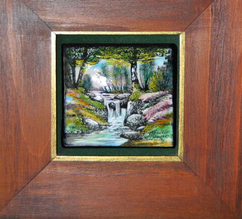 Petit tableau en émail paysage forestier avec ruisseau casca 25 Orléans (45)