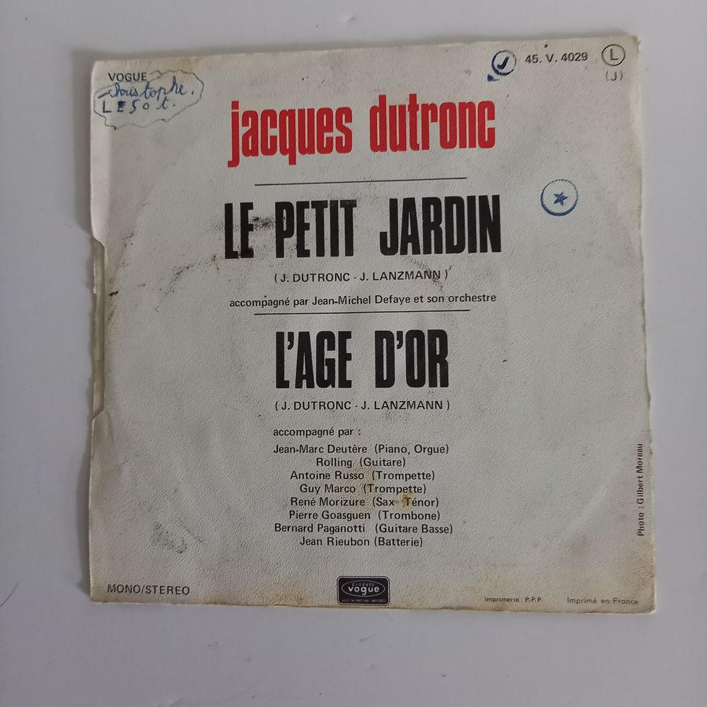 Disque 45 tours , Jacques Dutronc, le petit jardin et l'age 