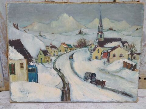 Tableau Paysage d'Hiver Peinture Naïve Signé Simone Oury 50 Loches (37)