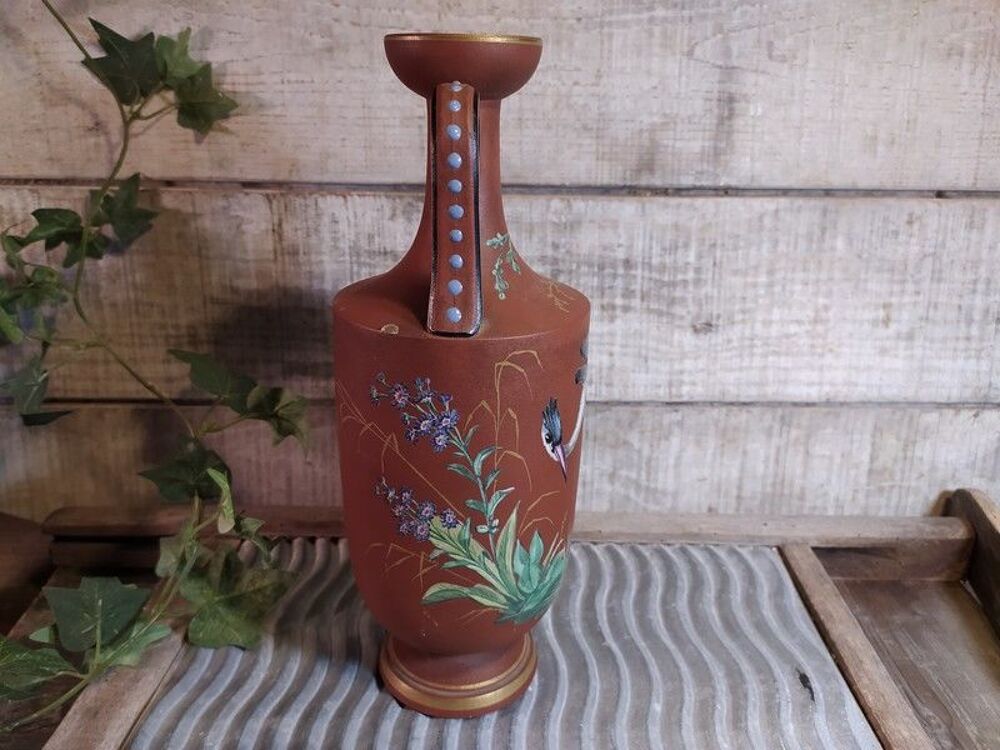 Ancien Vase Amphore Art Nouveau Terre Cuite Email Décoration