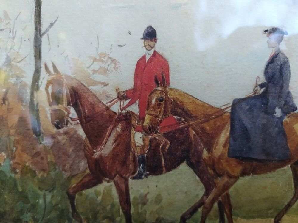 Tableau Aquarelle &Eacute;quipage de V&eacute;nerie, Chasse &agrave; Courre 