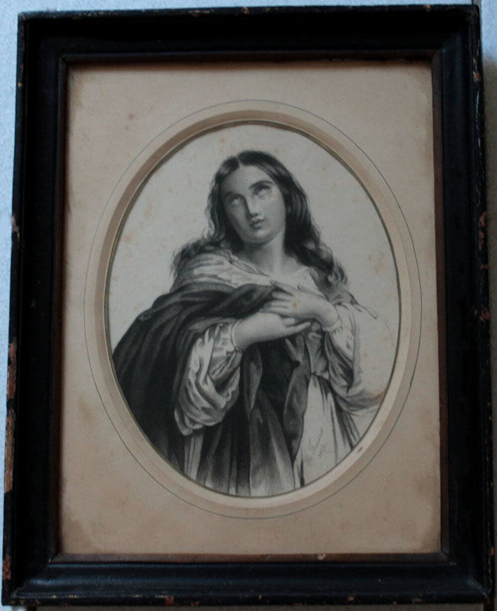 ANCIEN DESSIN JEUNE FEMME AUX YEUX LEV&Eacute;S sign&eacute; FOUSSET 1867 Décoration