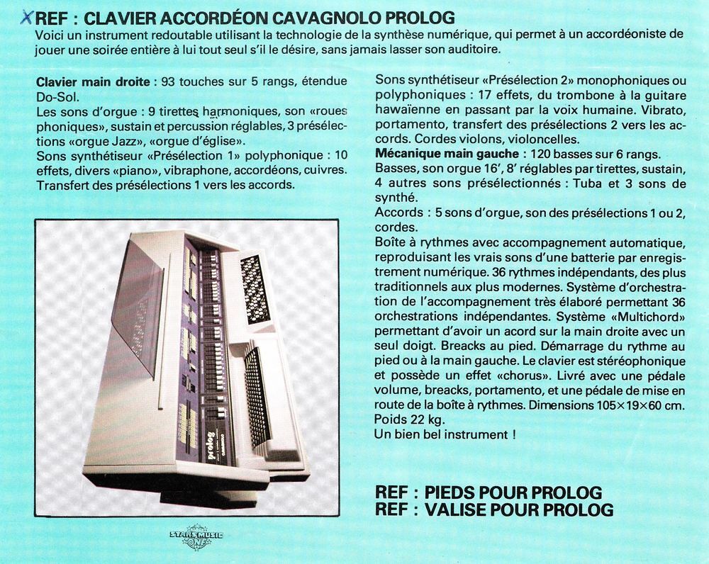 Clavier accord&eacute;on vintage Cavagnolo Prolog Instruments de musique