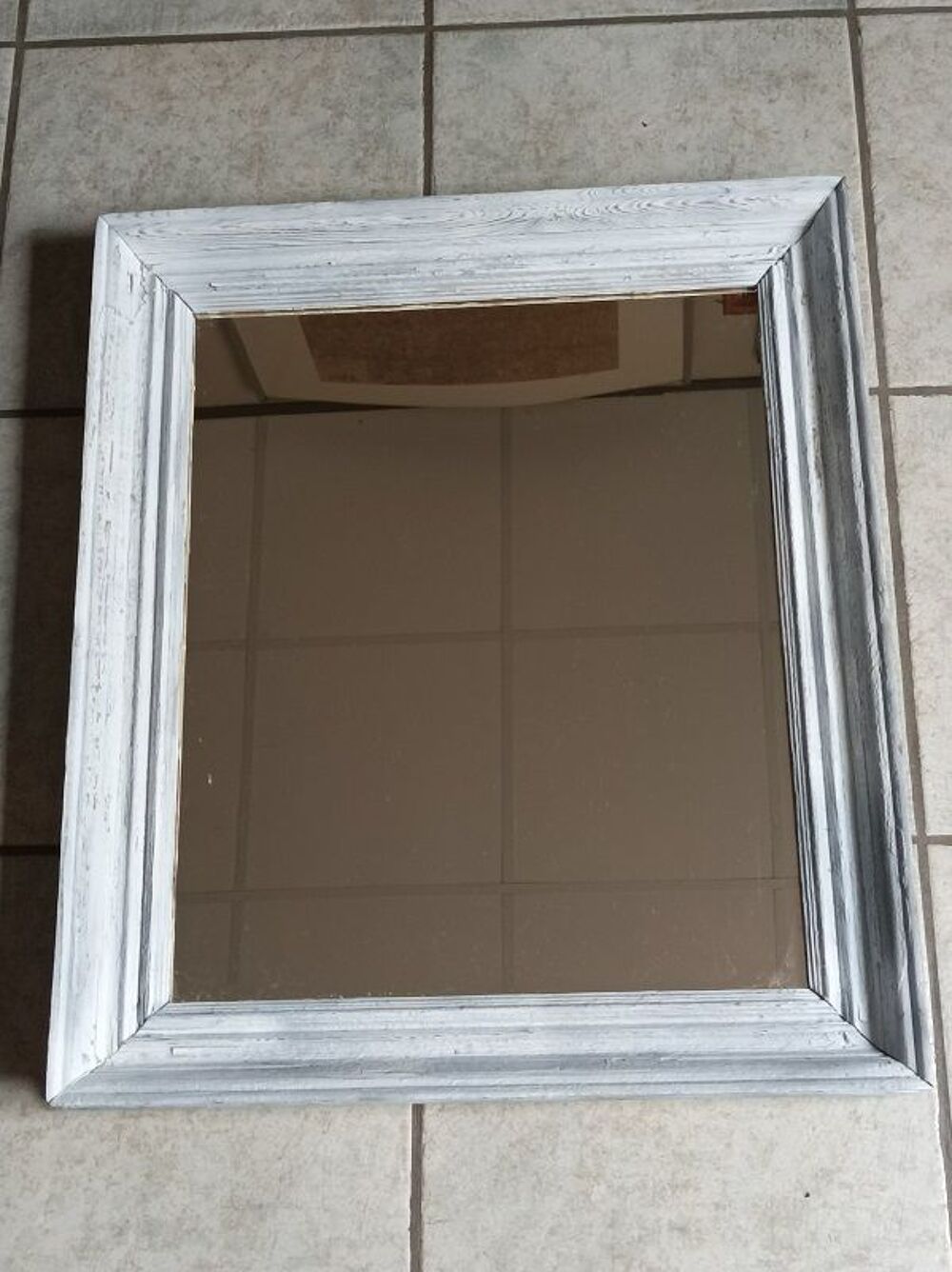 Miroir Cadre bois blanc patin&eacute; dp 0923032 ancien vintage bro Décoration