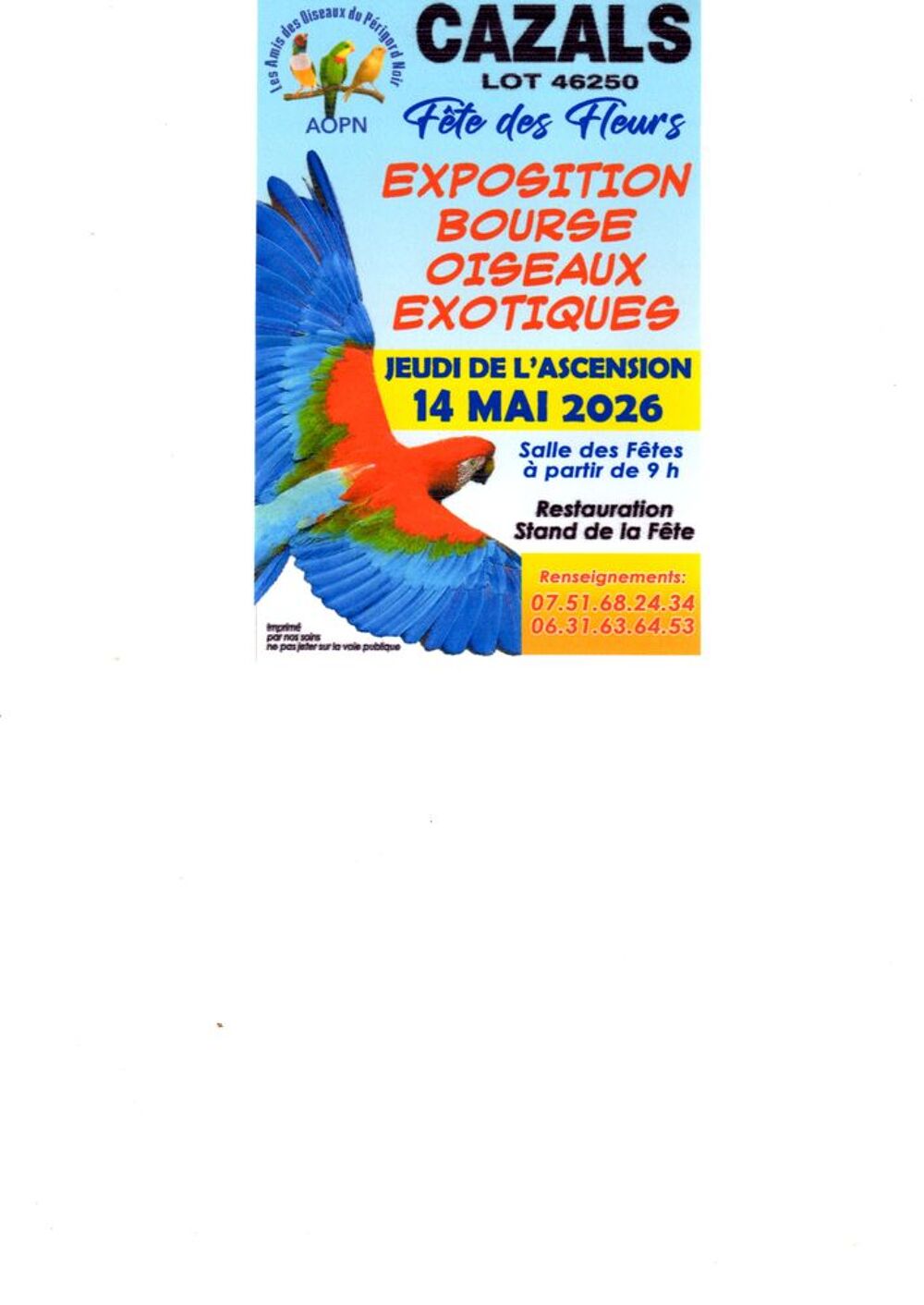   BOURSE AUX OISEAUX EXOTIQUES A CAZALS 46250 LE 14 05 2026   