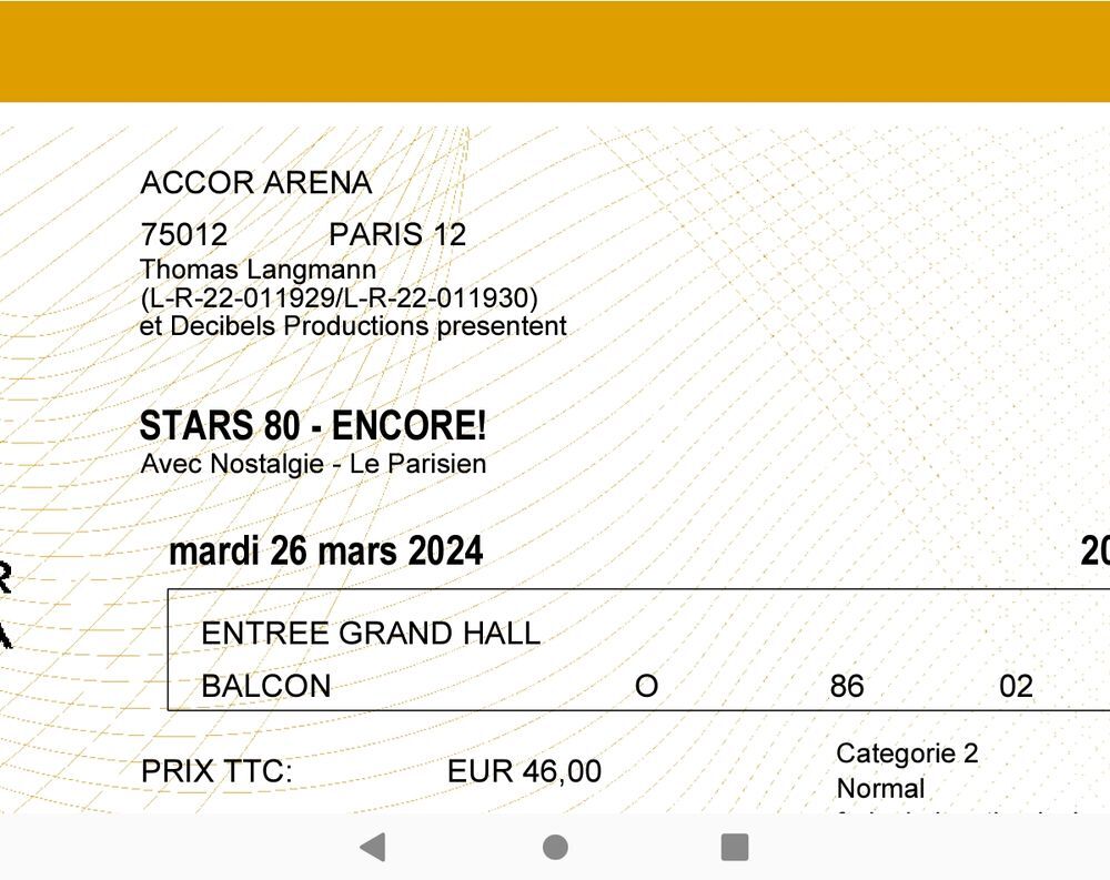 2 billets concert Stars 80 mardi 26 mars &agrave; Paris
Billetterie