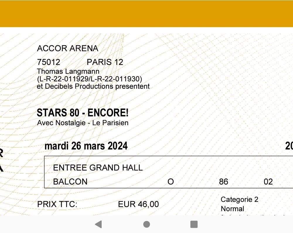 2 billets concert Stars 80 mardi 26 mars &agrave; Paris
Billetterie