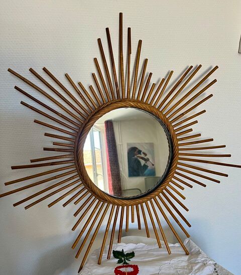 Miroir Vintage 1960 Soleil rotin osier Void-Vacon (55)
