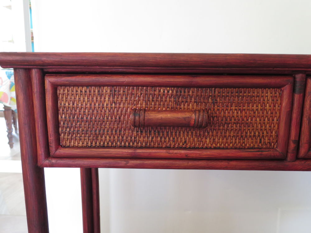 Vintage-console 2 tiroirs - en bois et rotin tress&eacute;-ann&eacute;e 80 Meubles