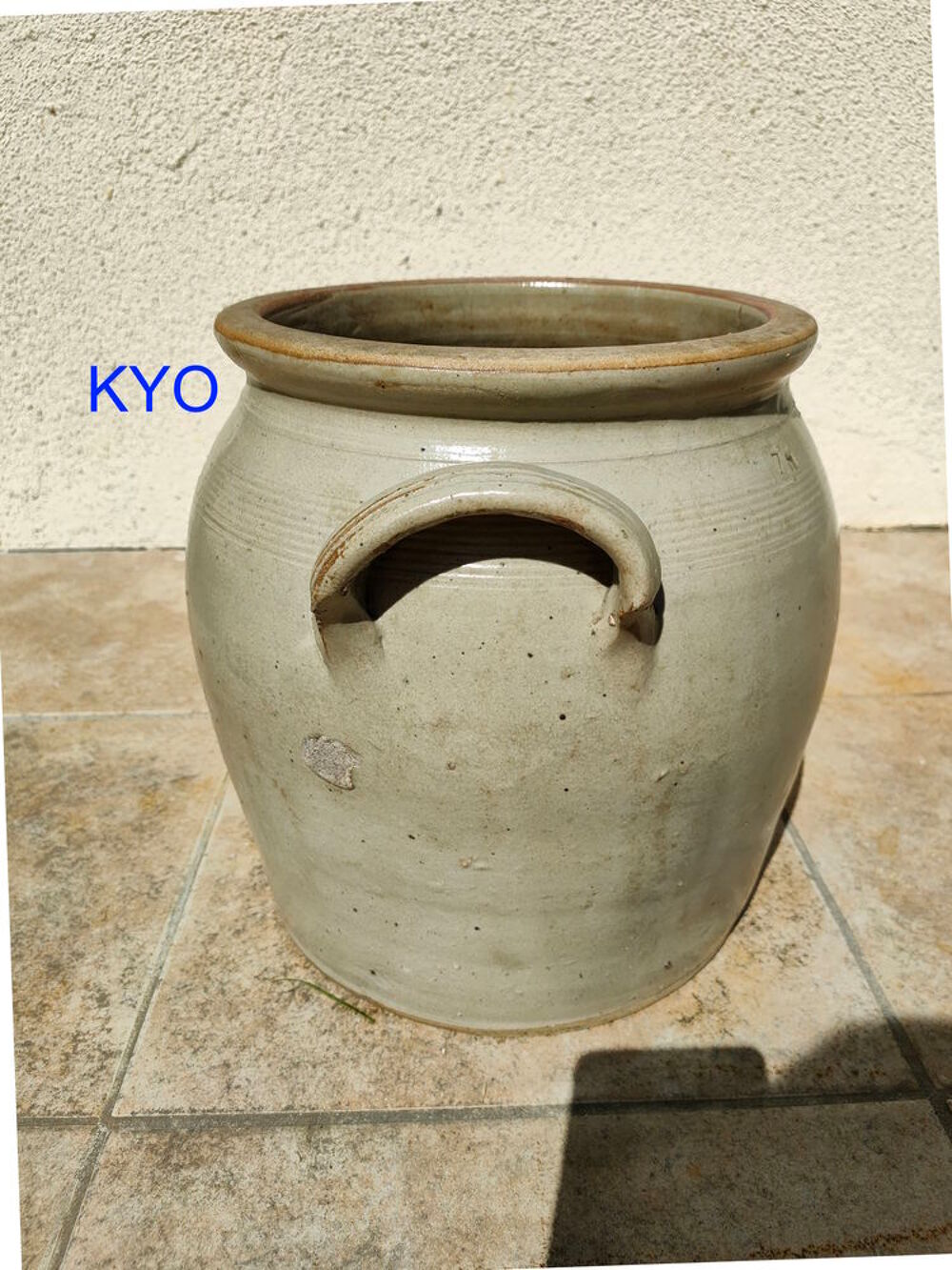 Pot/cache-pot rond terre cuite poign&eacute;es gris vintage saloir Jardin