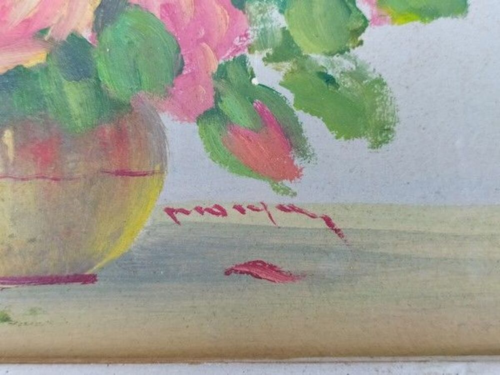 Petit Tableau Bouquet de Fleurs Roses Sign&eacute; 
