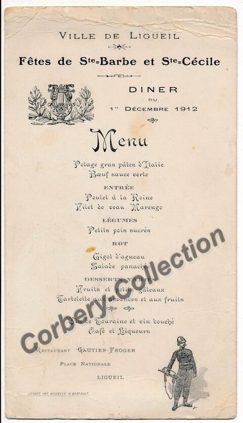 Menu Pompiers de Ligueil (Indre et Loire) Sainte-Barbe 1912 35 Loches (37)