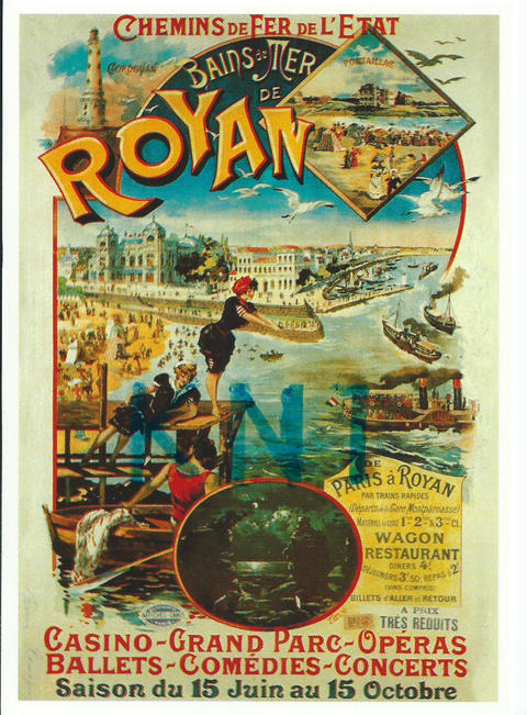 C P M reproduction d'affiche chemin de fer de l'état , royan 6 Tours (37)
