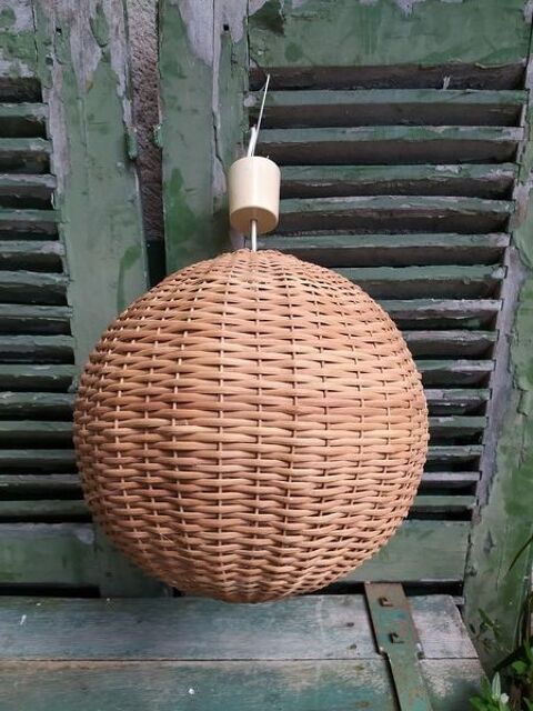 Suspension Boule Rotin Tressé Vintage 60/70's Lustre 70 Loches (37)