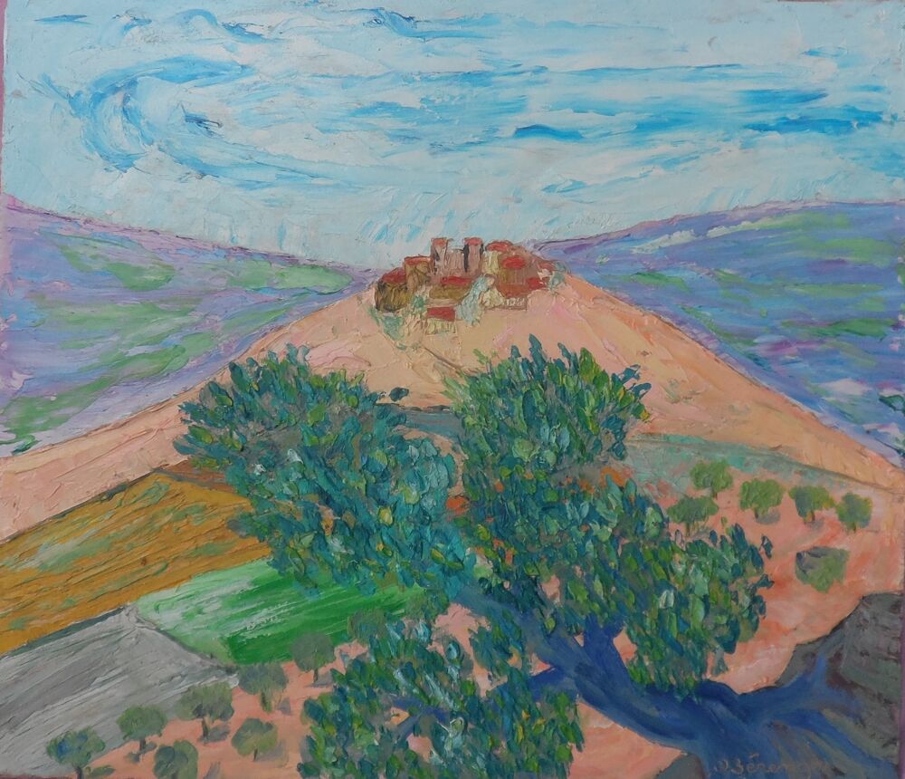Peinture sur bois arbre et hameau 27 cm x 31 cm Décoration