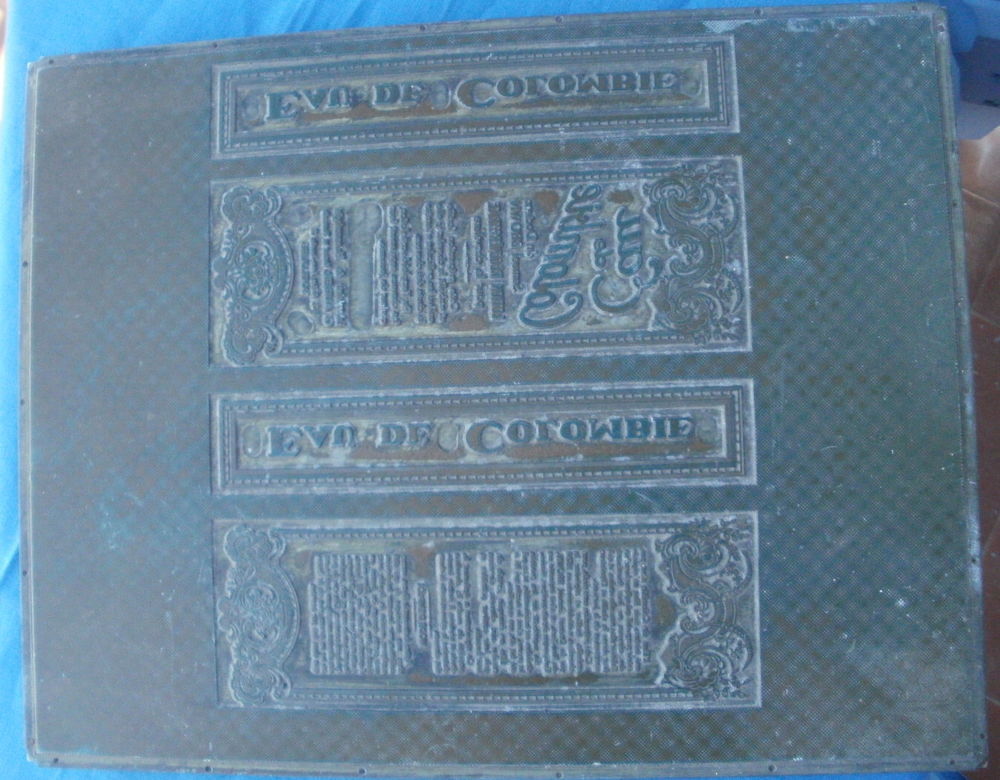 Plaque d'imprimerie "Eau de Colombie" (Samuel Brown) Décoration
