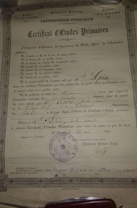 Certificat Etudes Primaires Lepin 1900 15 Besançon (25)