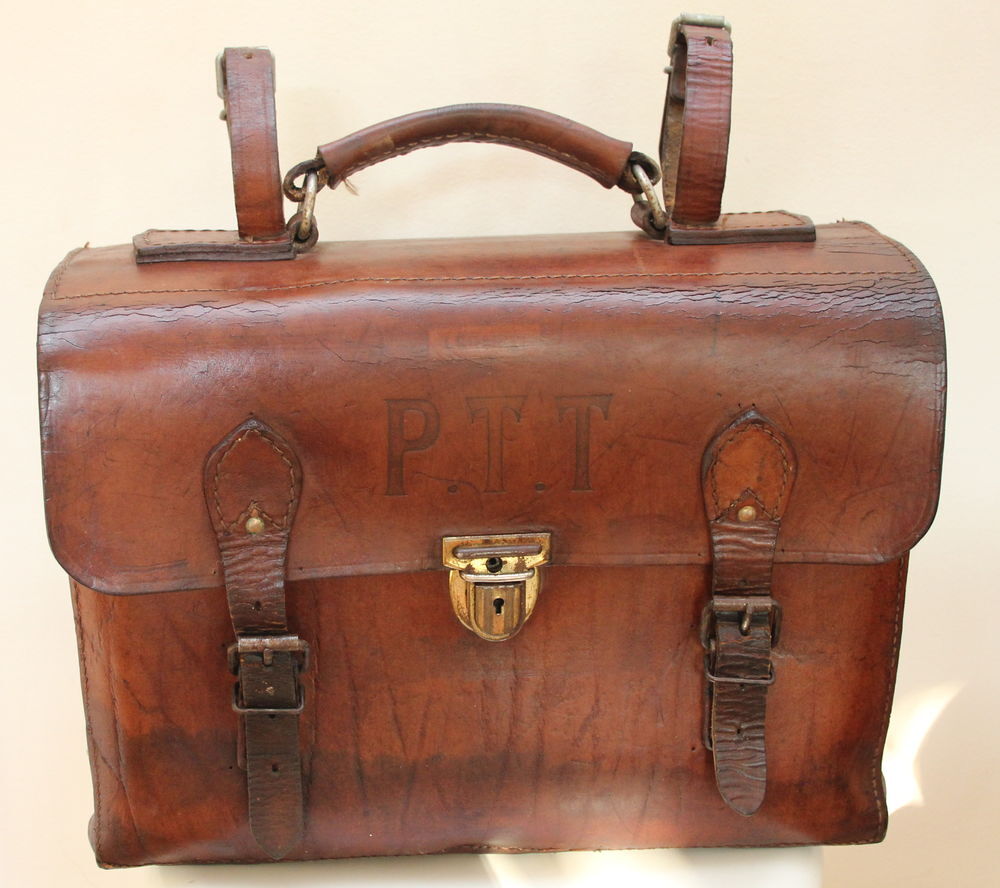 Valise de postier PTT en cuir &eacute;pais 1920 