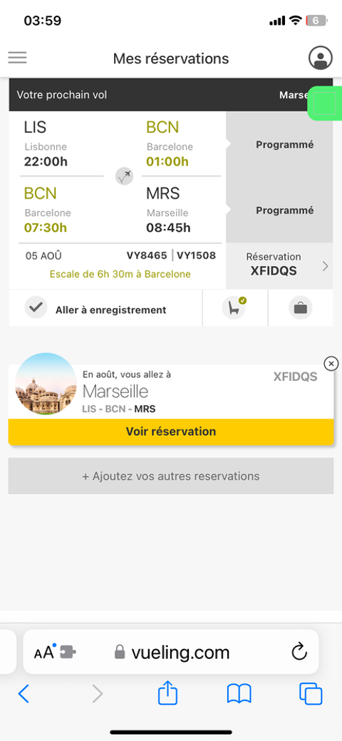   2 billets d avion Lisbonne Marseille pour le 05 /08/24 