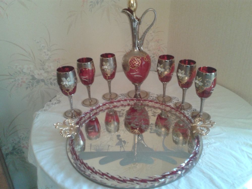 CRISTAL DE MURANO VINTAGE (1981) 6 verres + plateau+cruche 