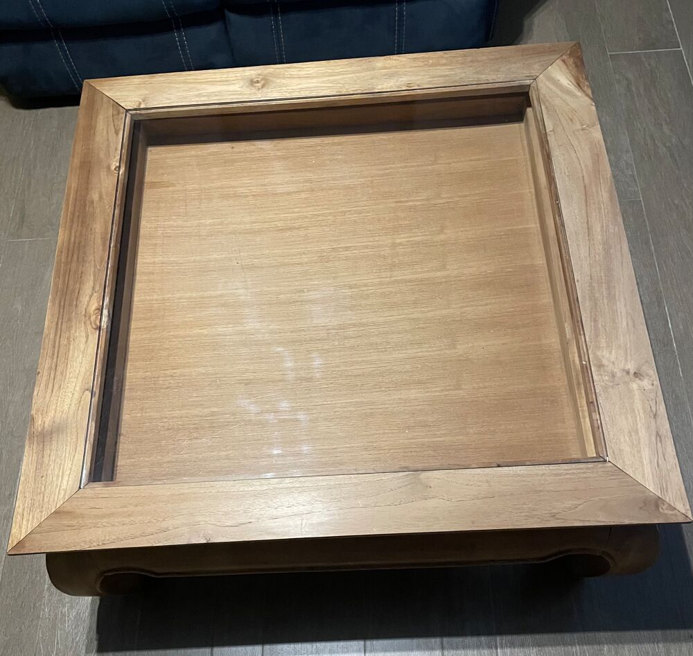Table de salon vitr&eacute;e en teck style opium avec tiroir 1mx1m Meubles