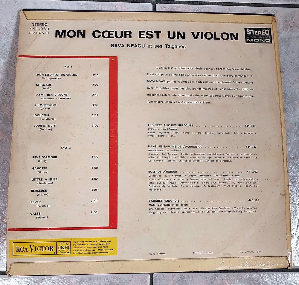 MON C?UR EST UN VIOLON -33t- SAVA NEAGU ET SES TZIGANES-1967 CD et vinyles