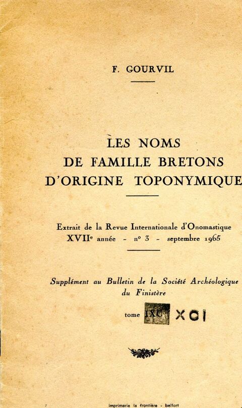 Les noms de famille bretons d'origine toponymique - Gourvil, 7 Rennes (35)