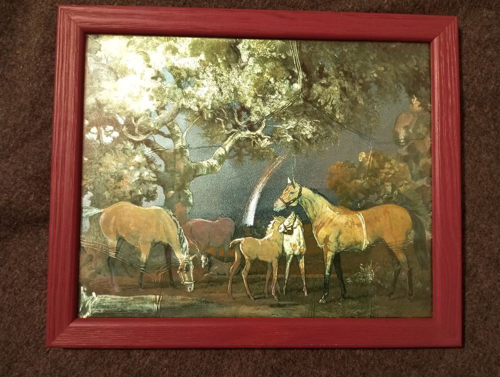 Cadre tableau chevaux effet brillant sur feuille d'aluminium Décoration