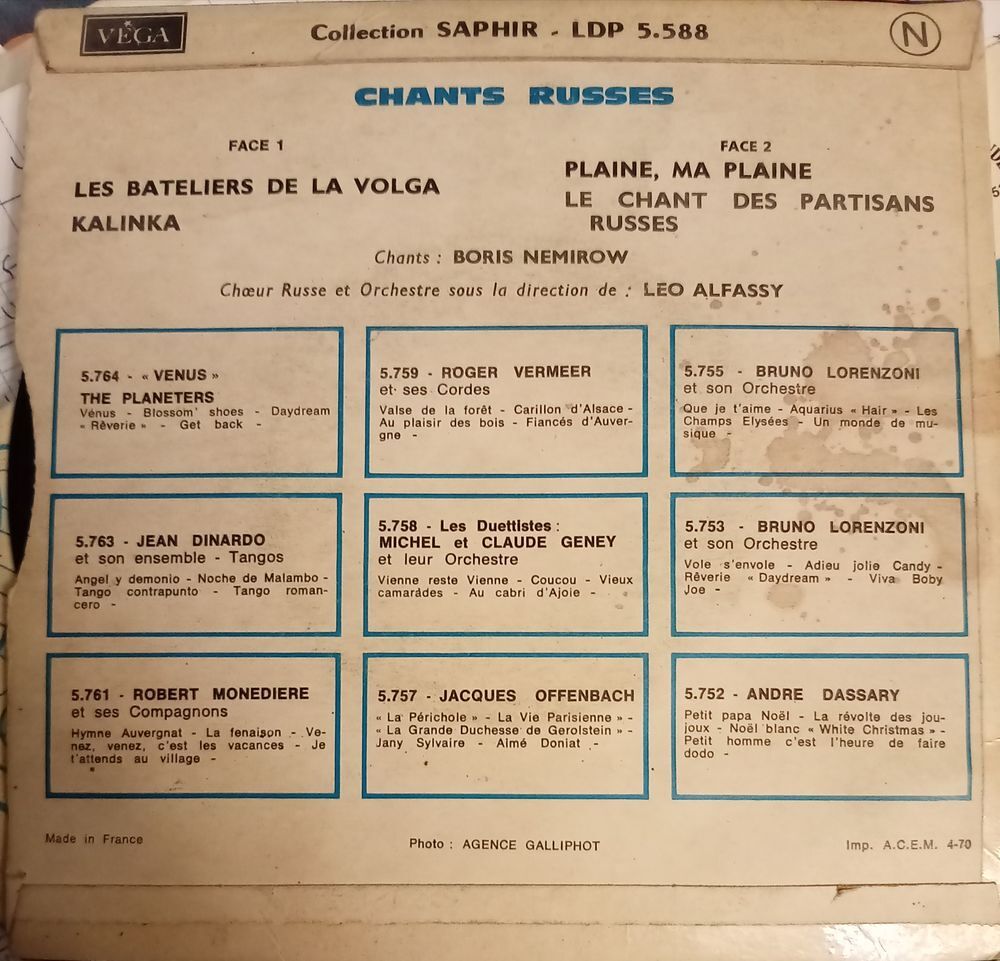 BORIS NEMIROW /CHANTS RUSSES / DISQUE VYNIL 45 TOURS CD et vinyles