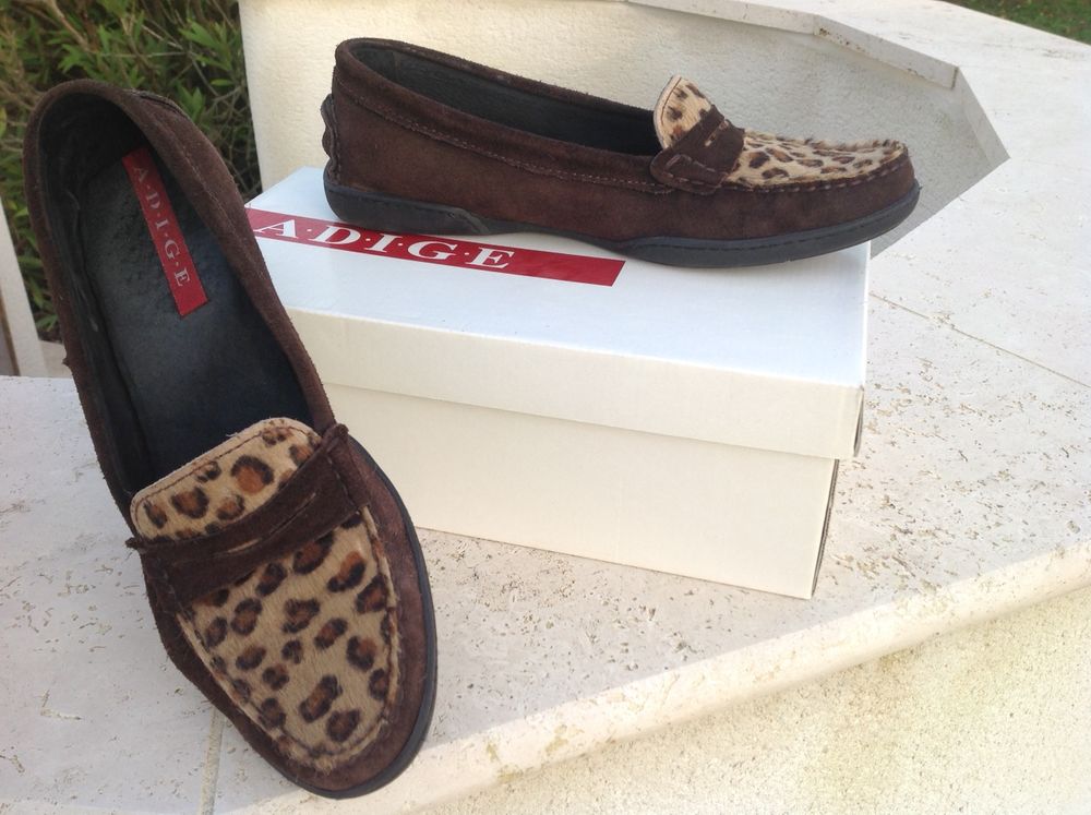 Mocassins femme, marron en daim, imprim&eacute; l&eacute;opard, Adige Chaussures