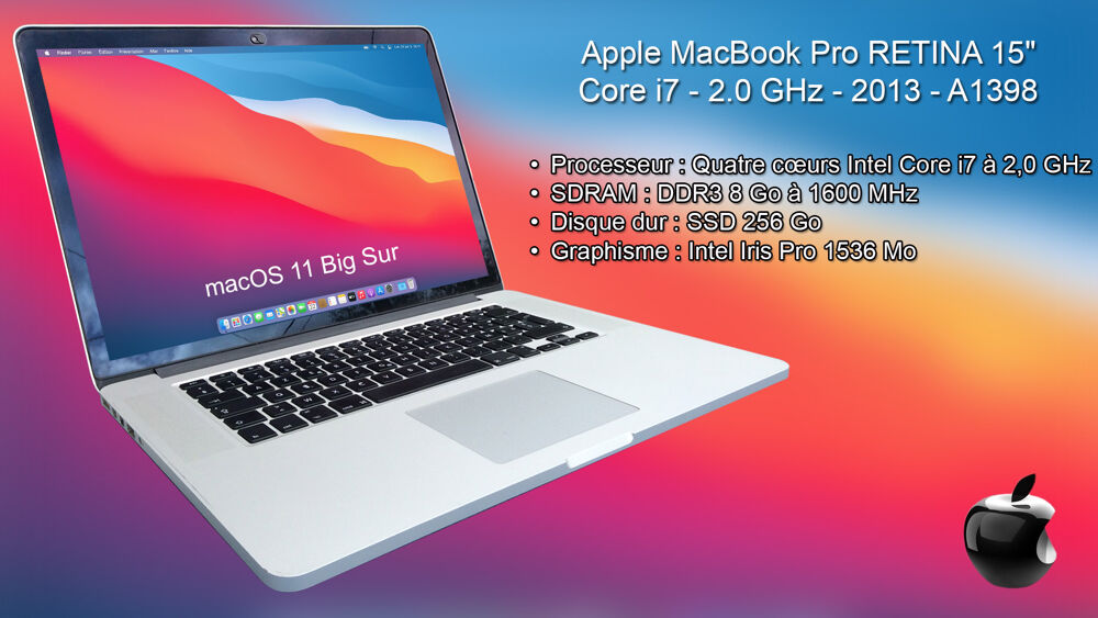 Apple Macbook Pro RETINA 15" Intel Core i7 2.0GHz RAM 8 Go Matériel informatique