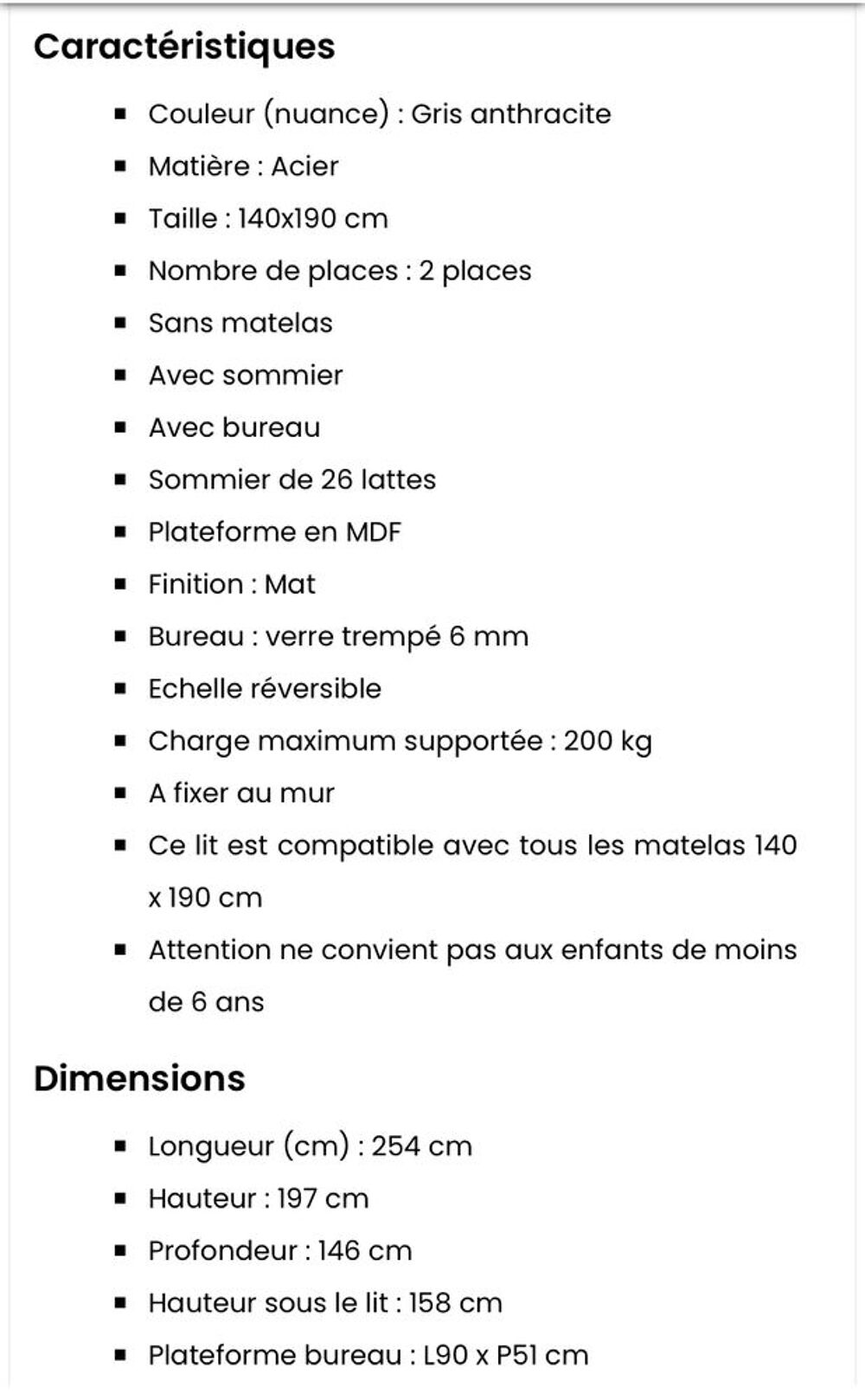 Lit mezzanine m&eacute;tal 2 places vendu avec mode d'emploi. Meubles