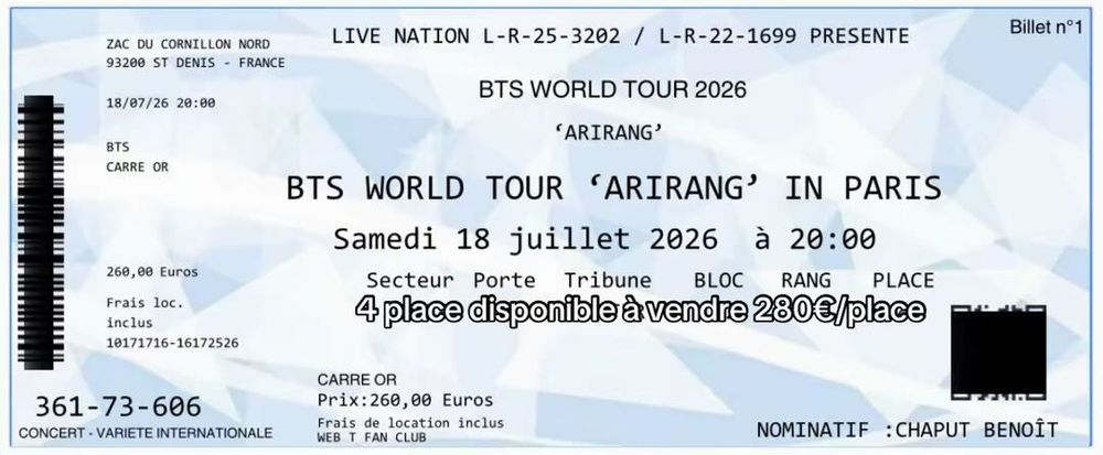 PLACE DE CONCERT BTS 18 juillet Billetterie