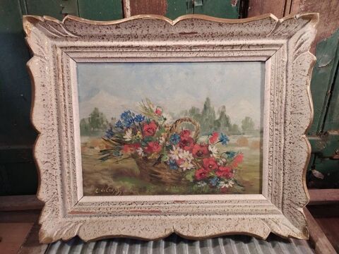Ancien Tableau Bouquet de Fleurs Printani�res Sign� 60 Loches (37)