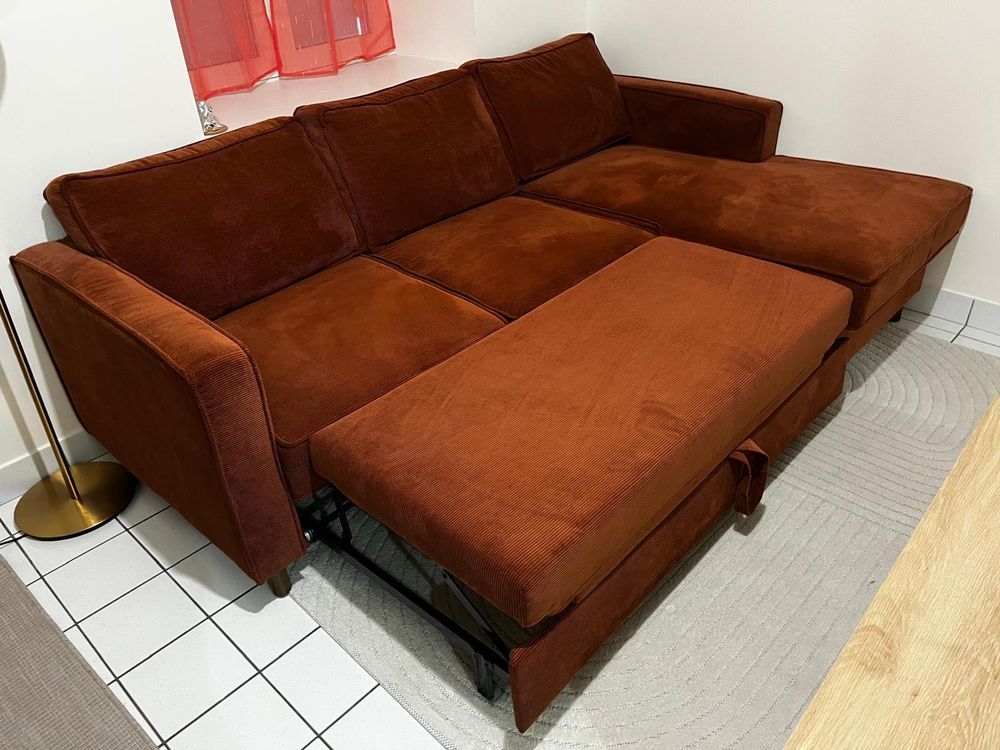 Canap&eacute; d'angle convertible en velours c&ocirc;tel&eacute; terracotta Meubles