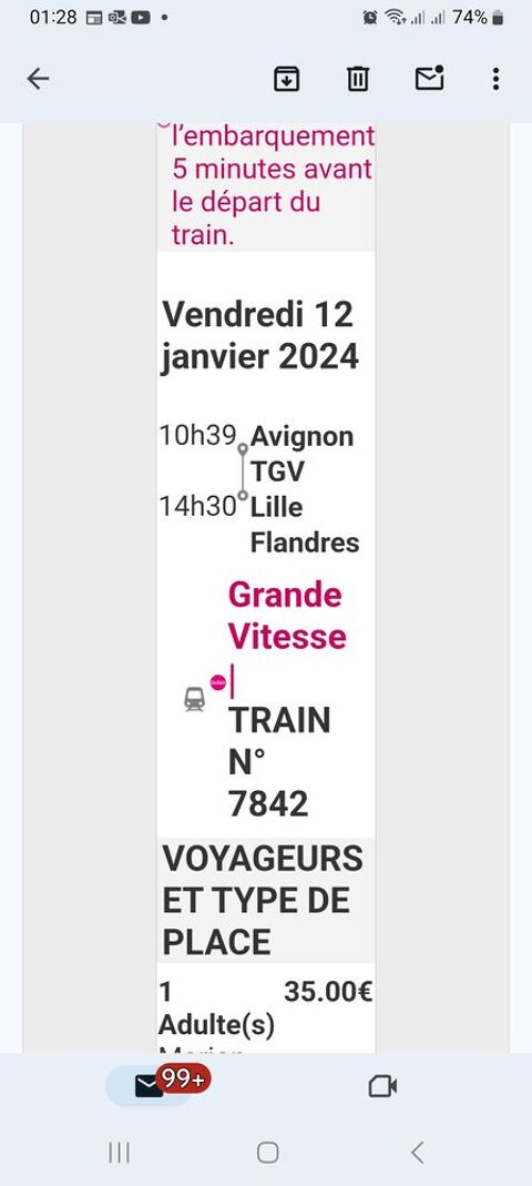 Billet train avignon Lille  35 Avignon (84)