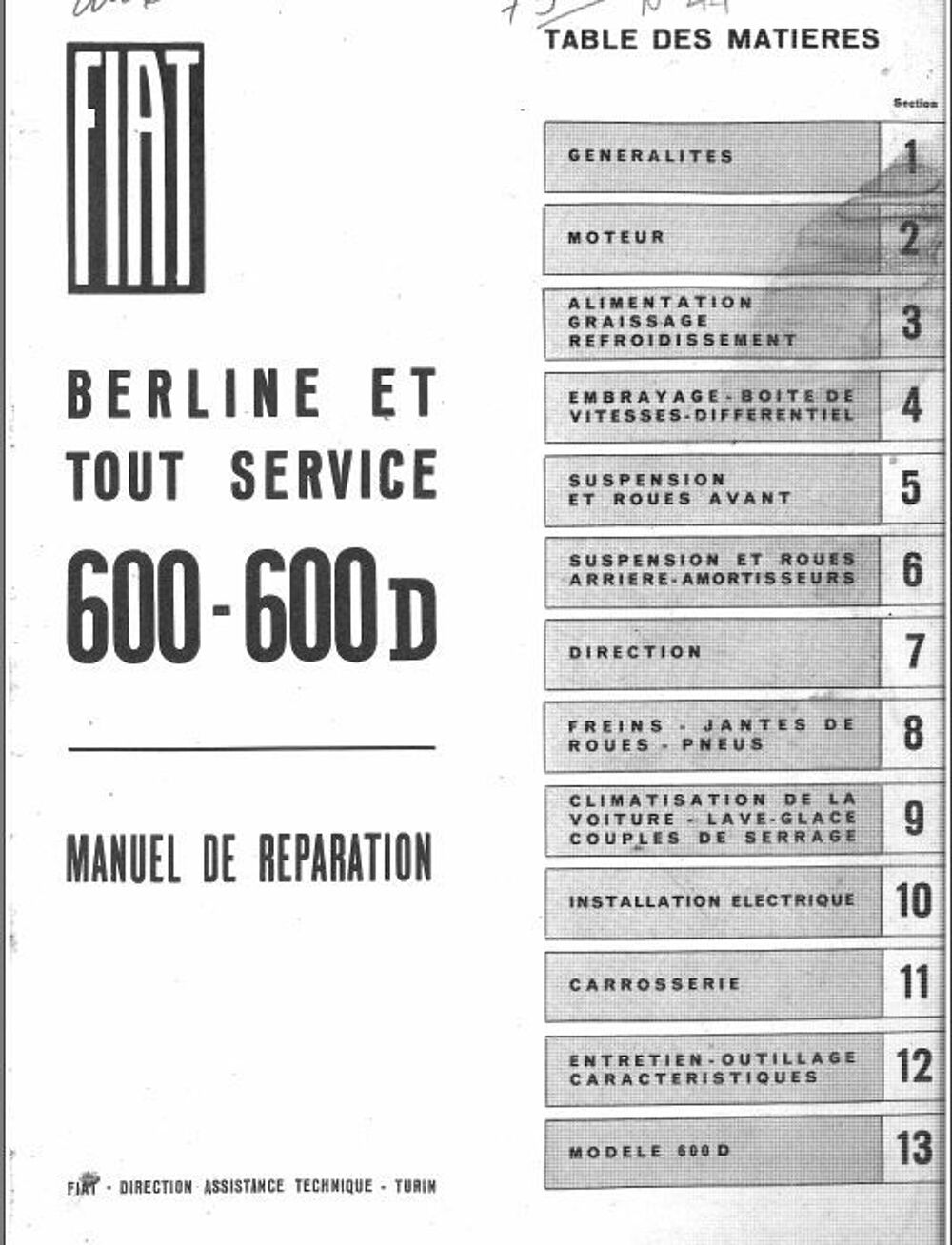 manuel de r&eacute;paration Fiat 600 D et Multipla 1962 Livres et BD