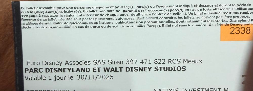 5 places Disney 2 parcs Billetterie