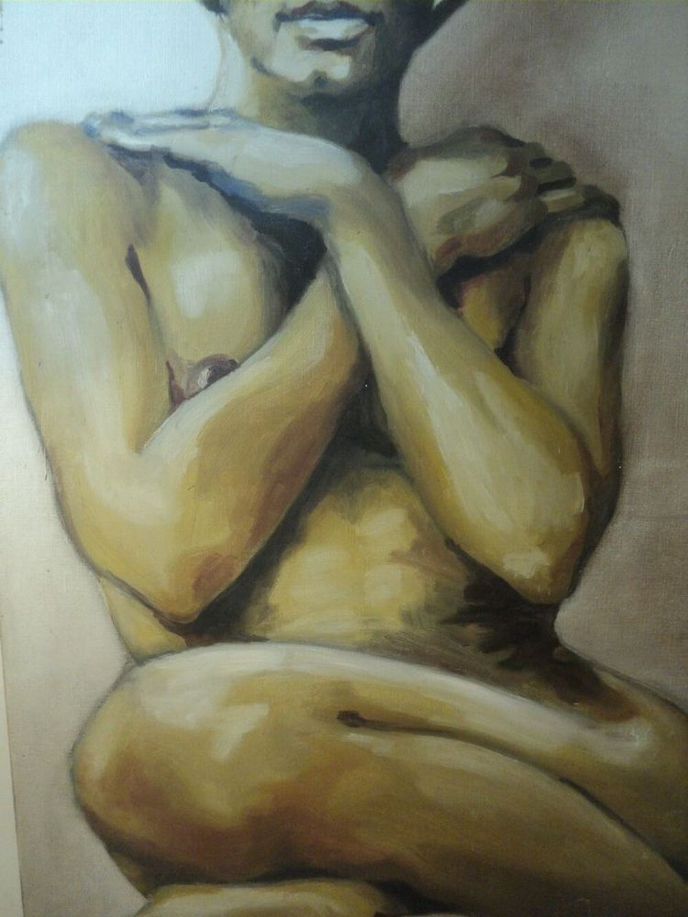 Ancien Tableau Portrait de Femme Nue Sign&eacute; et Dat&eacute; 1966. Décoration
